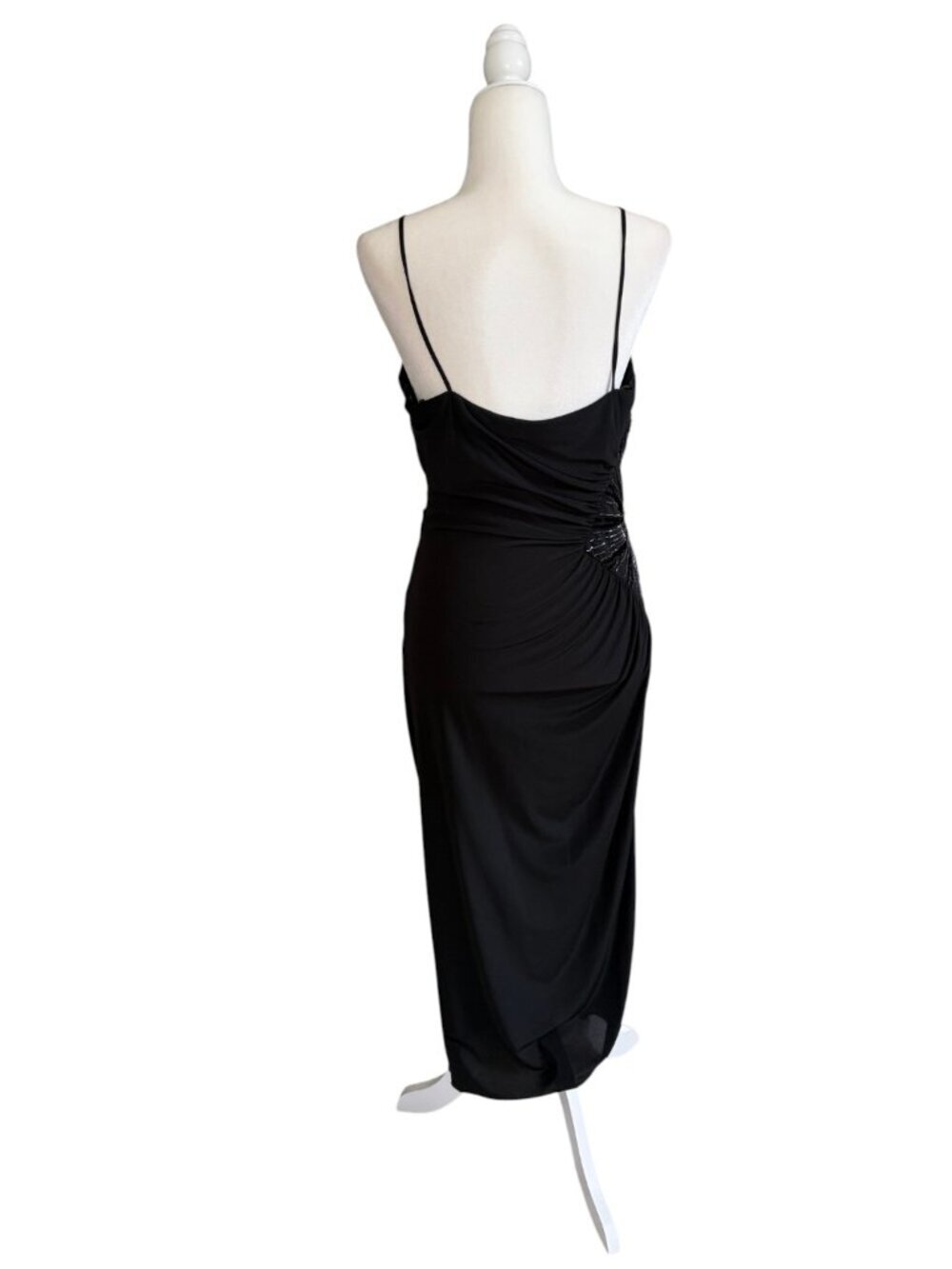 Vintage Rimini Black Ruched Beaded Cocktail Dress 1990s Draped Midi Dress Medium - Picture 5 of 6